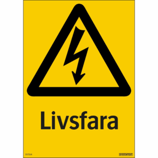 Skylt med symbol för elektrisk fara och texten 'Livsfara' – tryckt på PVC-fri hårdplast, 210 x 297 mm.