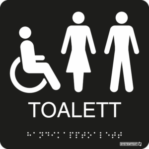 Svart taktil skylt med texten "Toalett" och symbol för rullstol i vitt samt punktskrift – tillgänglig för synskadade.