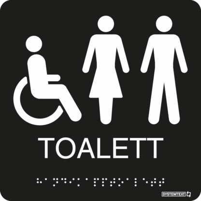 Svart taktil skylt med texten "Toalett" och symbol för rullstol i vitt samt punktskrift – tillgänglig för synskadade.