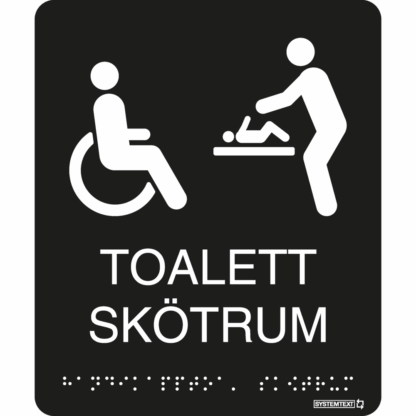 Svart taktil skylt med symbol, text och punktskrift – anpassad för synskadade.