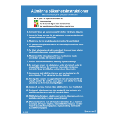 Skylt Säkerhetsinstruktioner Allmänna