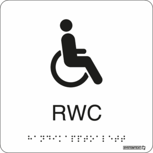 Taktil skylt RWC vit med rullstolssymbol och punktskrift i svart