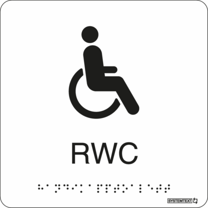 Taktil skylt RWC vit med rullstolssymbol och punktskrift i svart