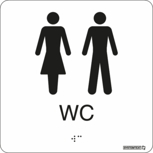 Vit taktil skylt med texten "WC" och punktskrift – tillgänglig för synskadade.