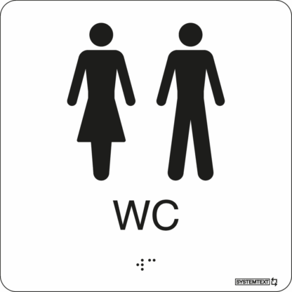 Vit taktil skylt med texten "WC" och punktskrift – tillgänglig för synskadade.