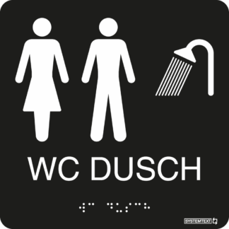 Svart taktil skylt med text "WC" och "DUSCH" och punktskrift – anpassad för synskadade.