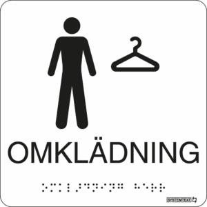 Vit taktil skylt med texten "OMKLÄDNING" med symbol och punktskrift – tillgänglig för synskadade.