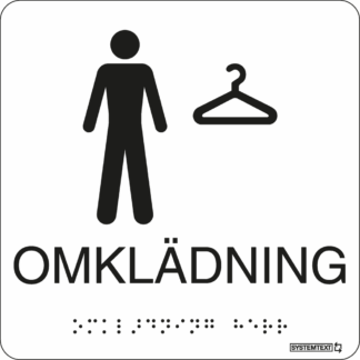 Vit taktil skylt med texten "OMKLÄDNING" med symbol och punktskrift – tillgänglig för synskadade.