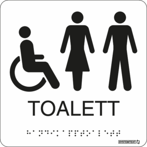 Svart taktil skylt med texten "TOALETT" med symbol för rullstoll och dam/herr och punktskrift – tillgänglig för synskadade.