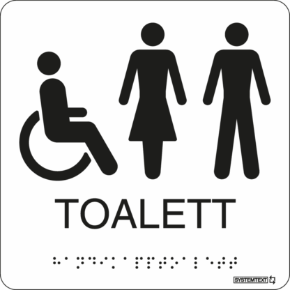 Svart taktil skylt med texten "TOALETT" med symbol för rullstoll och dam/herr och punktskrift – tillgänglig för synskadade.