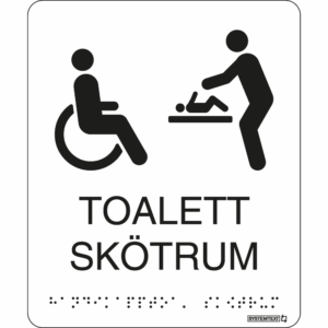 Vit taktil skylt med texten "toalett/Skötrum" och punktskrift – tillgänglig för synskadade.