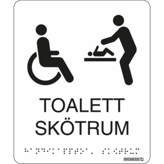 Vit taktil skylt med texten "toalett/Skötrum" och punktskrift – tillgänglig för synskadade.