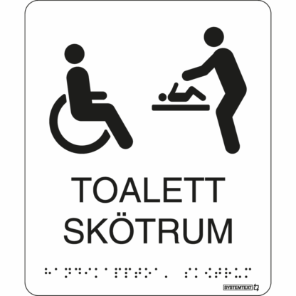 Vit taktil skylt med texten "toalett/Skötrum" och punktskrift – tillgänglig för synskadade.