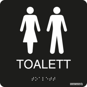 Svart taktil skylt med texten "Toalett" och punktskrift – tillgänglig för synskadade.