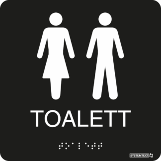 Svart taktil skylt med texten "Toalett" och punktskrift – tillgänglig för synskadade.