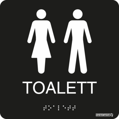 Svart taktil skylt med texten "Toalett" och punktskrift – tillgänglig för synskadade.