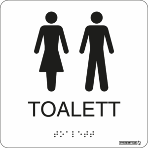 Vit taktil skylt med texten "TOALETT" och punktskrift – tillgänglig för synskadade.