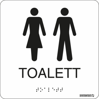 Vit taktil skylt med texten "TOALETT" och punktskrift – tillgänglig för synskadade.