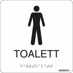 Vit taktil skylt med texten "toalett" och punktskrift i svart – tillgänglig för synskadade.