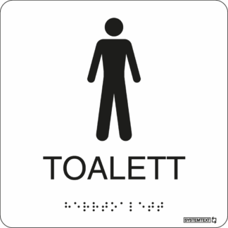 Vit taktil skylt med texten "toalett" och punktskrift i svart – tillgänglig för synskadade.