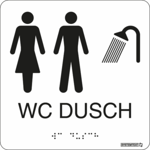 Vit taktil skylt med text "WC" och "DUSCH" och punktskrift – anpassad för synskadade.