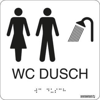 Vit taktil skylt med text "WC" och "DUSCH" och punktskrift – anpassad för synskadade.